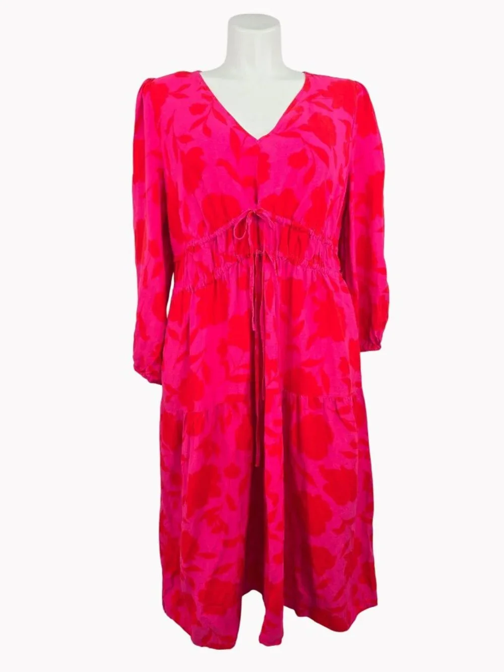 Kate Spade New York 1X Red & Pink Floral Midi Dress With Drawstring Waist